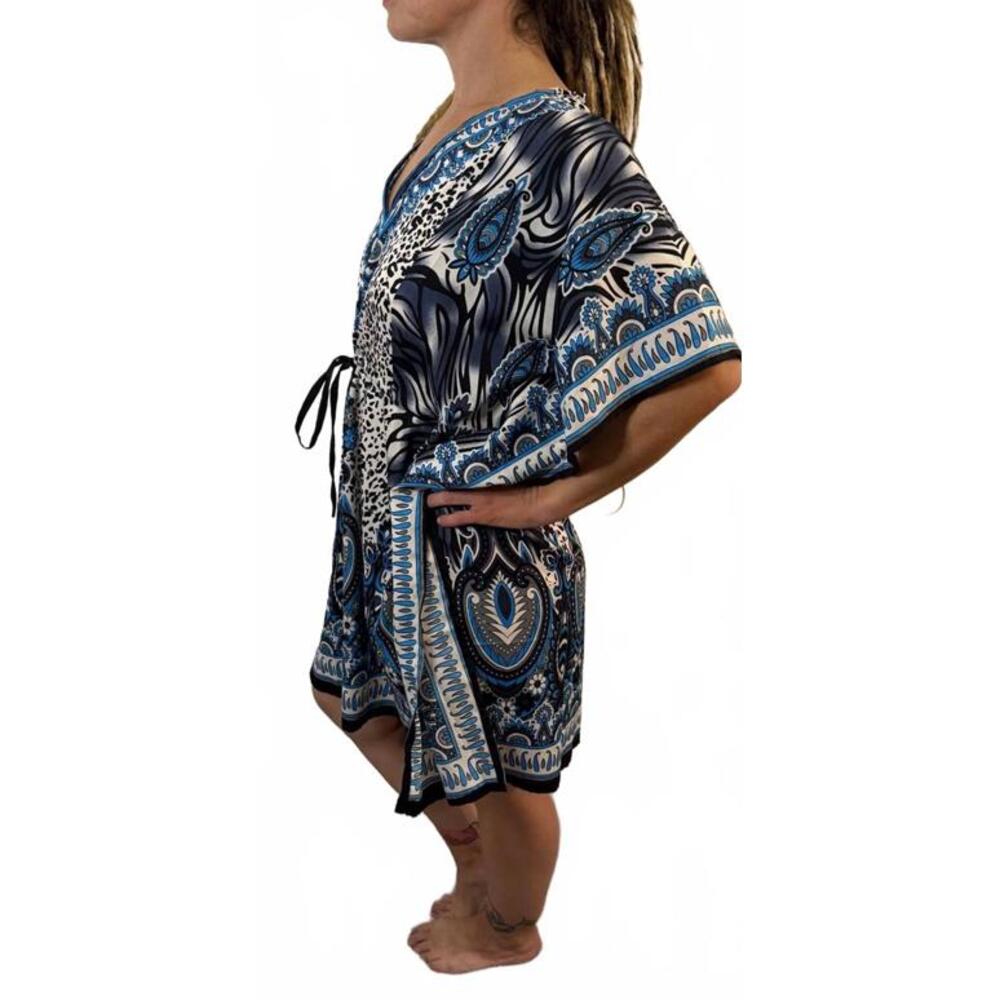 NWT Boho Style Blue Black Caftan Swim Beach Cover up Tunic Dress L XL XXL OS - Picture 3 of 3
